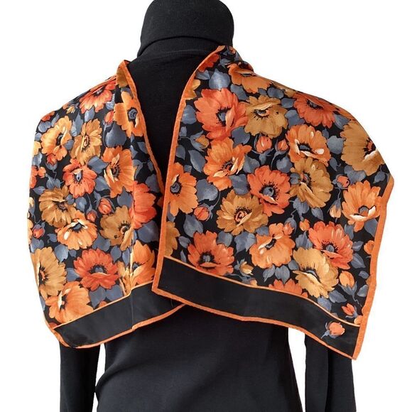 Orange brown floral scarf.  SC0033 - Picture 2 of 6